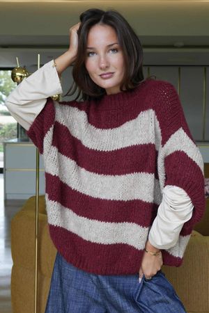  Big Softie Block Stripe Cap Sleeve Knit Top Burgundy /15=
